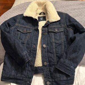 GAP Kids Dark Blue Denim Jacket with Cream Sherpa Collar